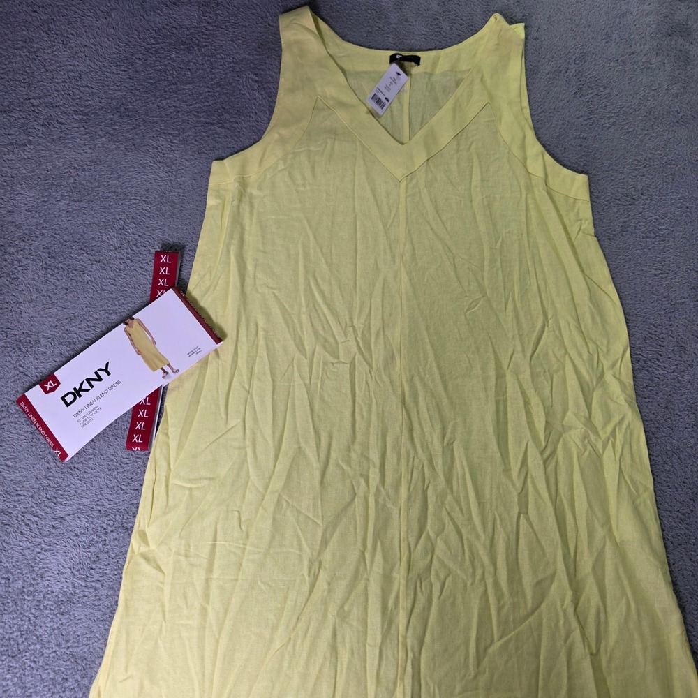 DKNY Womens XL Linen Blend Maxi Dress Yellow V-Neck A-Line Side Slits NEW